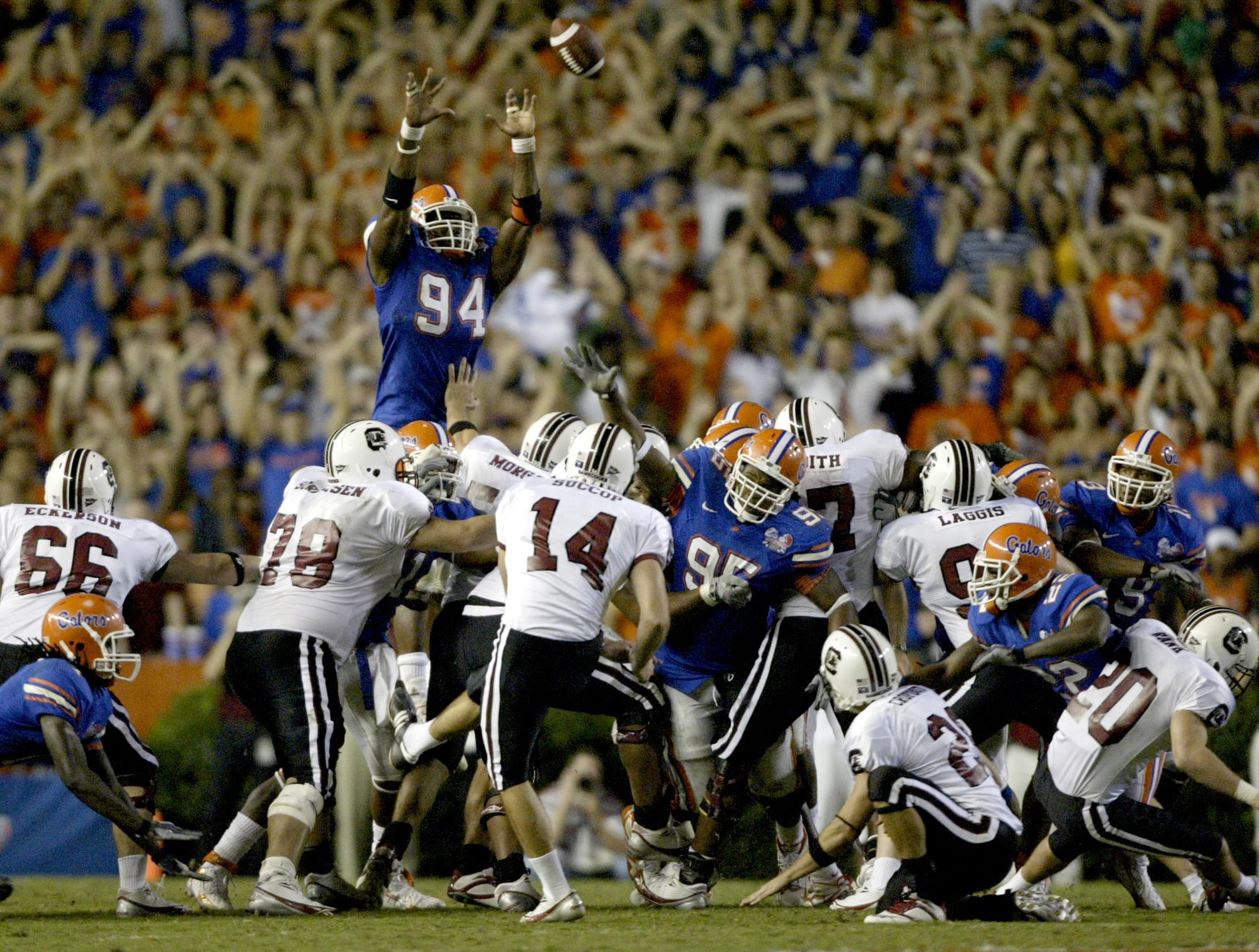 Florida defensive end Jarvis Moss blocks South Carolina kicker Ryan Succop's potential game-winning kick as Florida beat South Carolina 17-16 at Florida Field on Nov. 11, 2006.