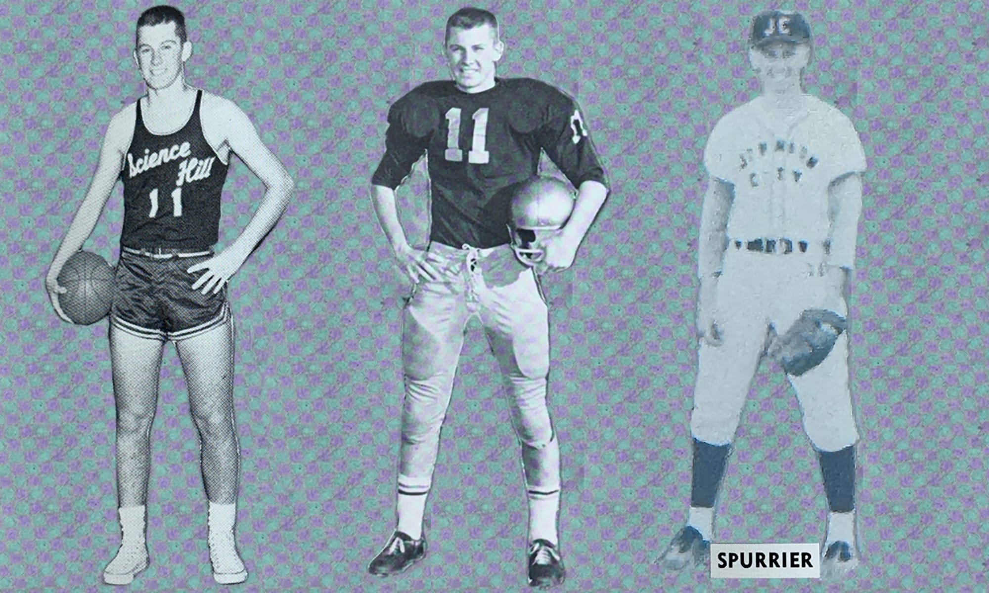 Yearbook photos of Steve Spurrier on the Science Hill High School basketball, football and baseball teams, each in the No. 11.