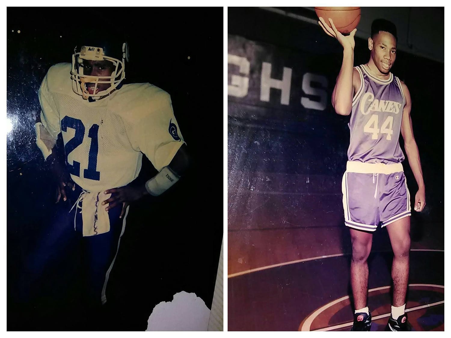 Corey Williams played football (left) and basketball (right) at Gainesville High School in the 1990s. 
