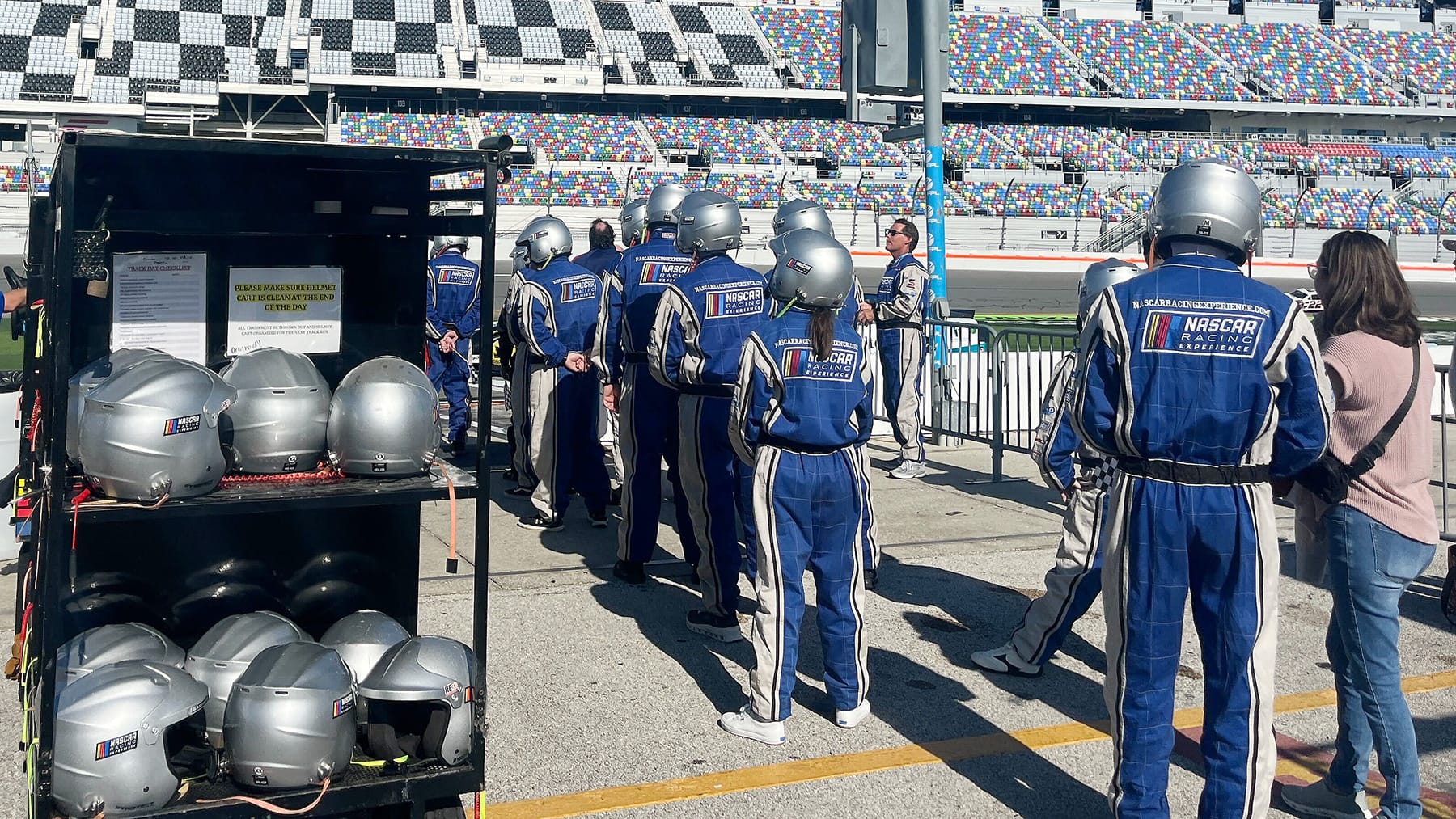 NASCAR Racing Experience riders/drivers lined up before an event at Daytona International Speedway on Feb. 12, 2026.