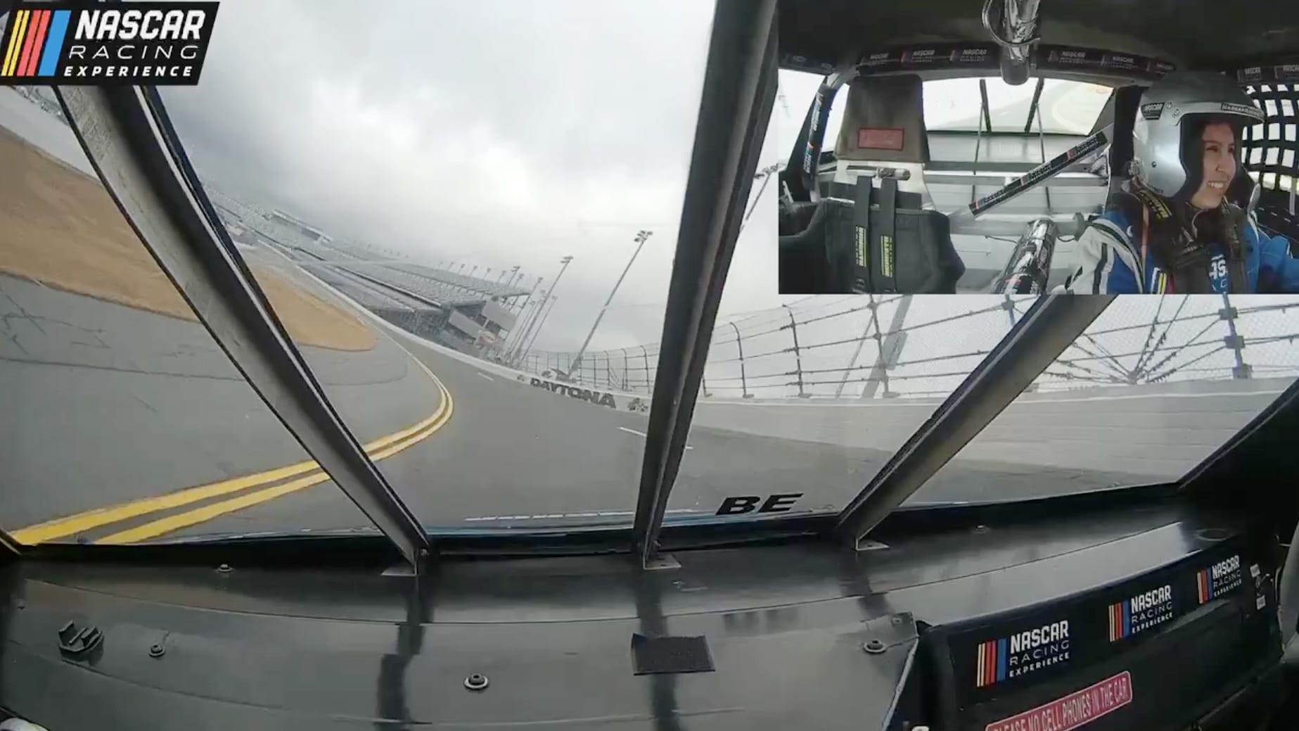 A in-car shot of Grandstand Magazine staff writer Jessica Garcete driving around Daytona International Speedway during the NASCAR Racing Experience on Feb. 12, 2026.