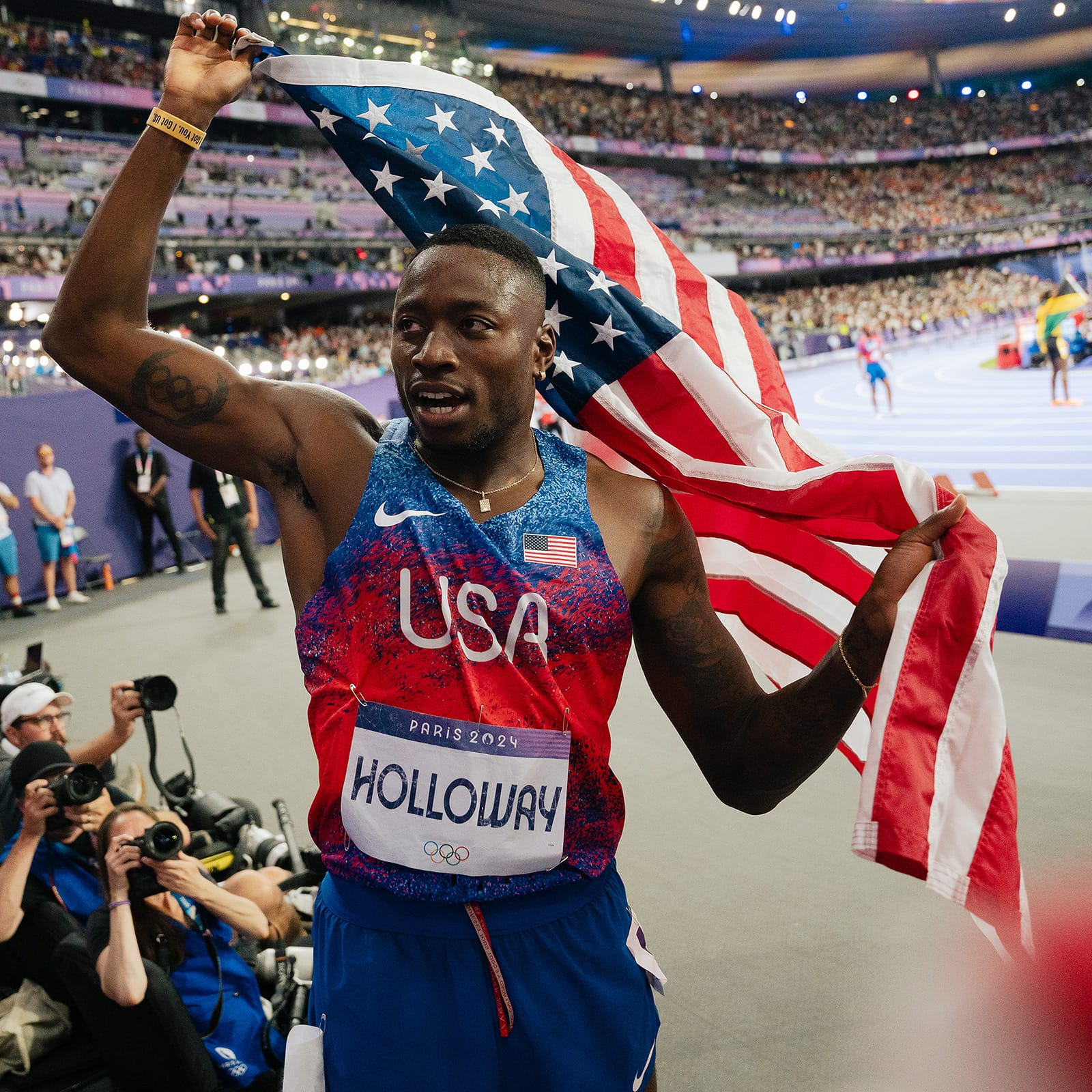 Grant Holloway (USA) reacts after winning mens 110-meter hurdle final during the Paris 2024 Olympic Summer Games at Stade de France on Aug. 8, 2024 in Paris Saint-Denis, France.