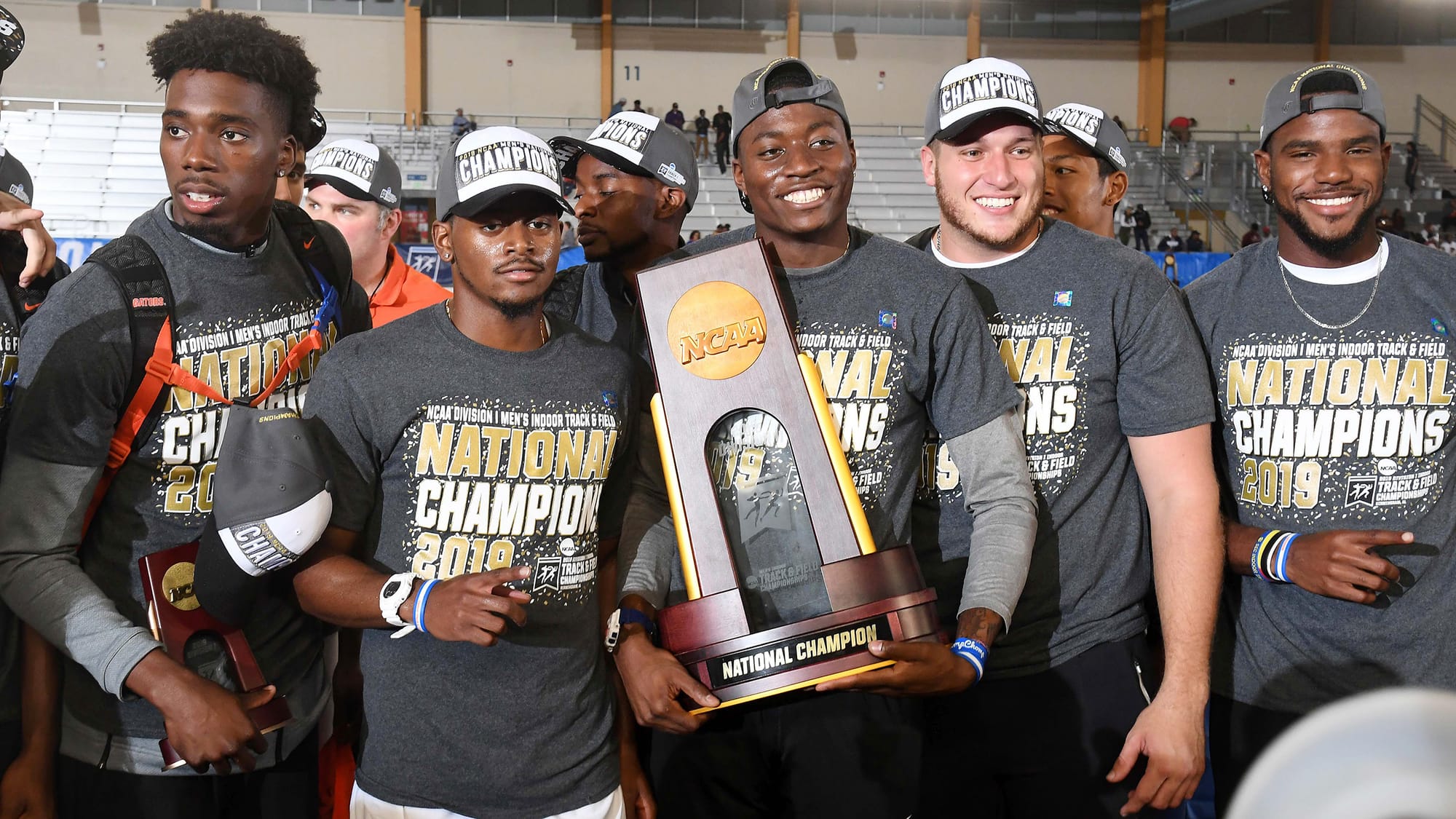Grant Holloway and members of the Florida Gators men's team pose after winning the team title during the NCAA Indoor Track & Field Championships at Birmingham CrossPlex on Mar 9, 2019 in Birmingham, Alabama.