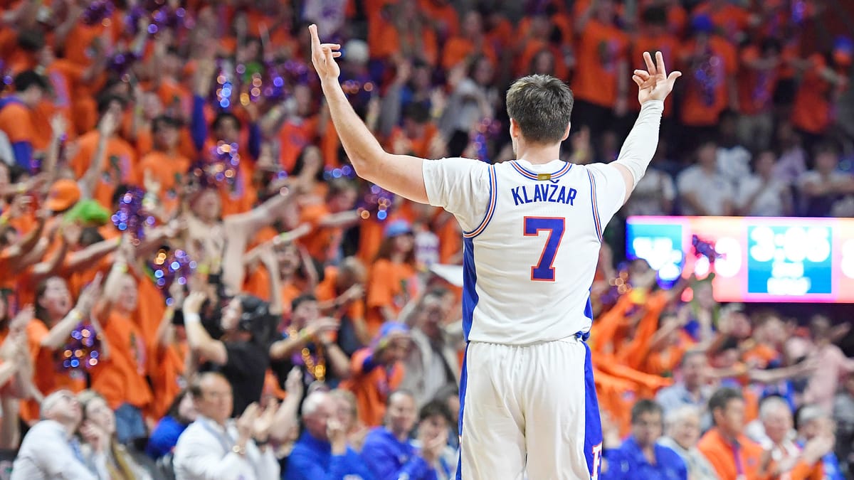 Florida guard Urban Klazvar (7) hypes up the crowd as the Florida Gators face the Kentucky Wildcats at the Stephen C. O’Connell Center on Saturday, Feb. 14, 2026, in Gainesville, Fla